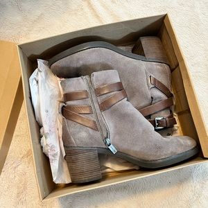 Gray bootie with brown leather strap, silver hardware and zip, like new quality!
